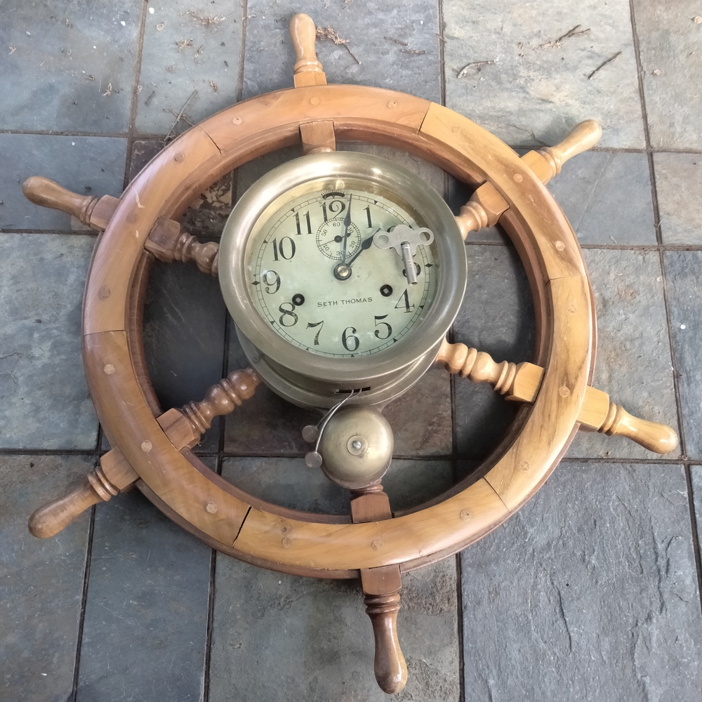 Vintage Brass Ship Wheel Clock - Brown & Gold Nautical Wall Decor Post WWII